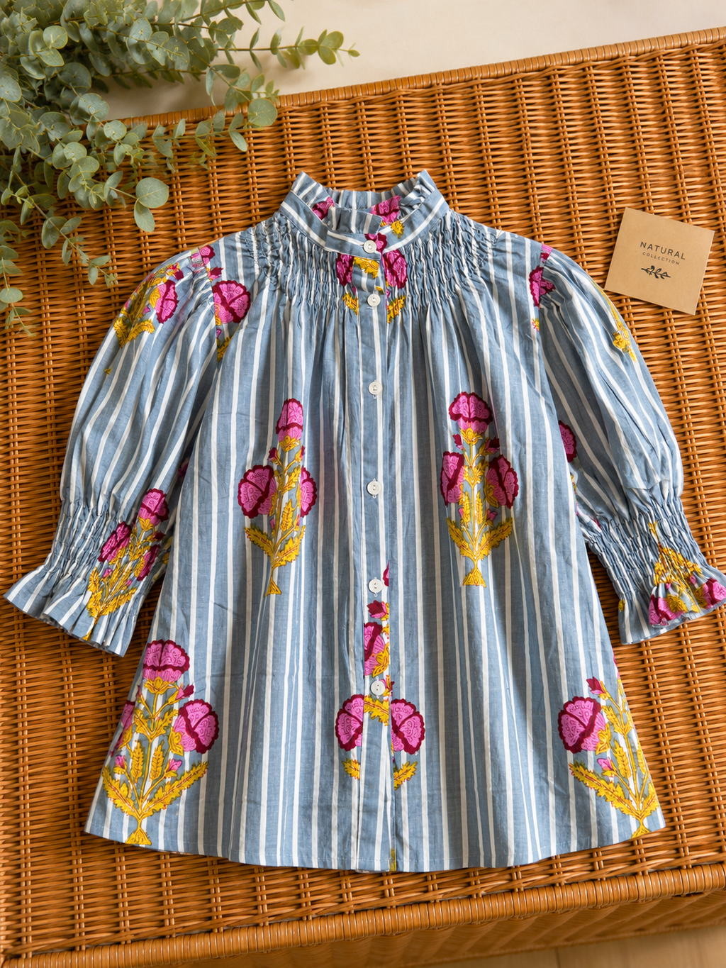 Blusa de Algodón Estampada Mujer | Cuello Nido de Abeja y Manga Abullonada