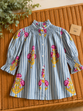 Blusa de Algodón Estampada Mujer | Cuello Nido de Abeja y Manga Abullonada
