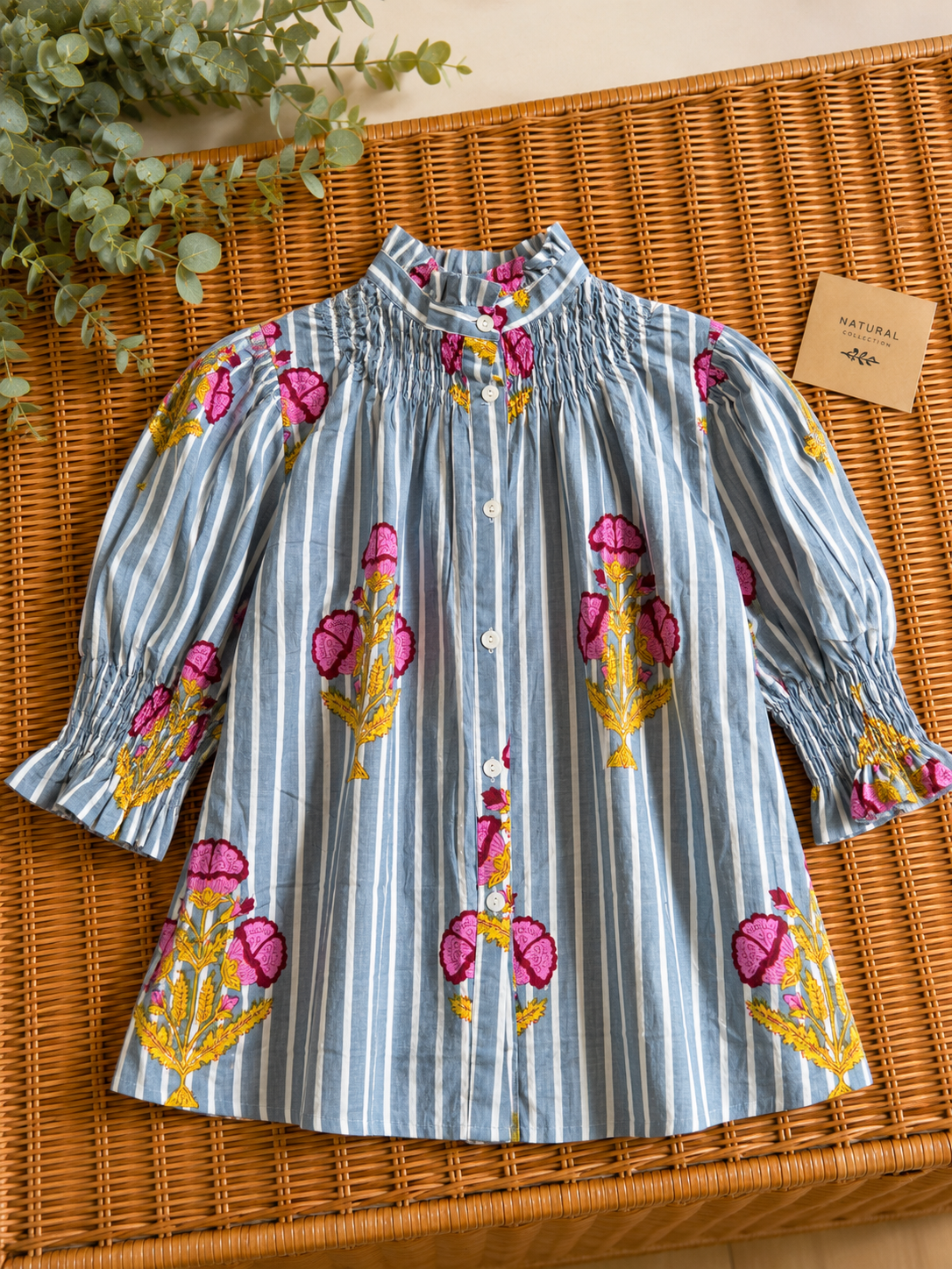 Blusa de Algodón Estampada Mujer | Cuello Nido de Abeja y Manga Abullonada