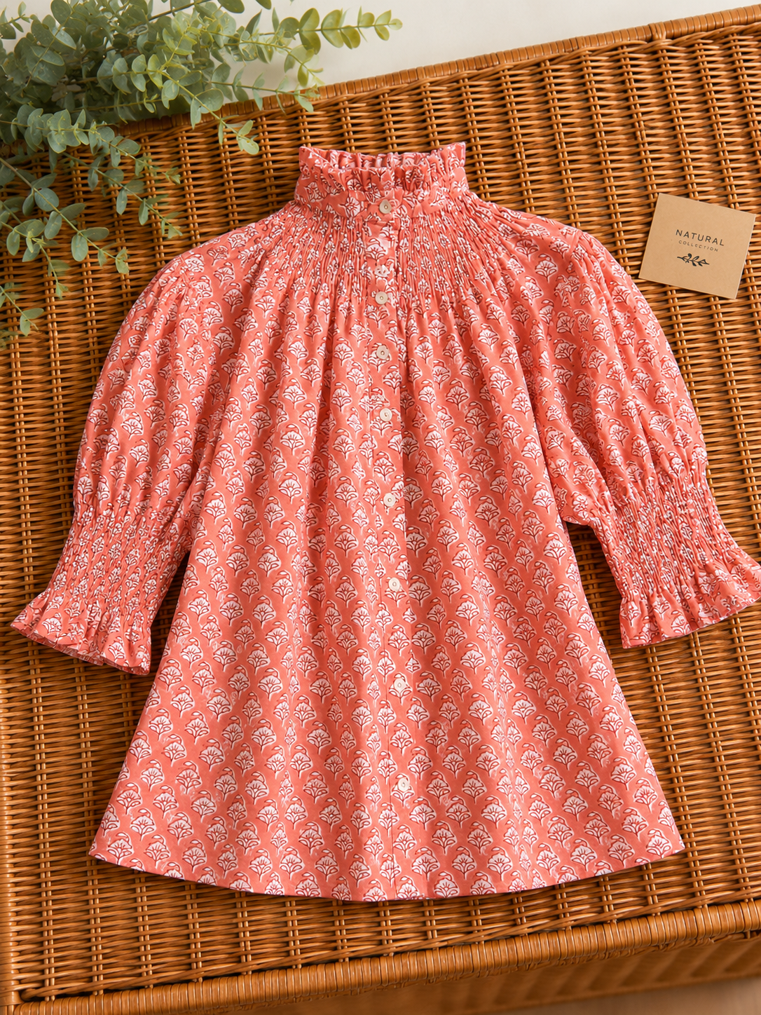 Blusa de Algodón Estampada Mujer | Cuello Nido de Abeja y Manga Abullonada