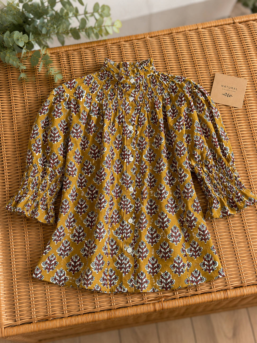 Blusa de Algodón Estampada Mujer | Cuello Nido de Abeja y Manga Abullonada