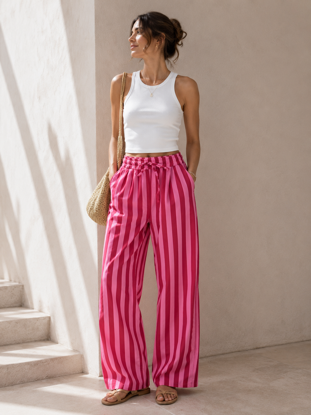 Pantalón Balloon de Rayas verticales Cintura Elástica con Lazo