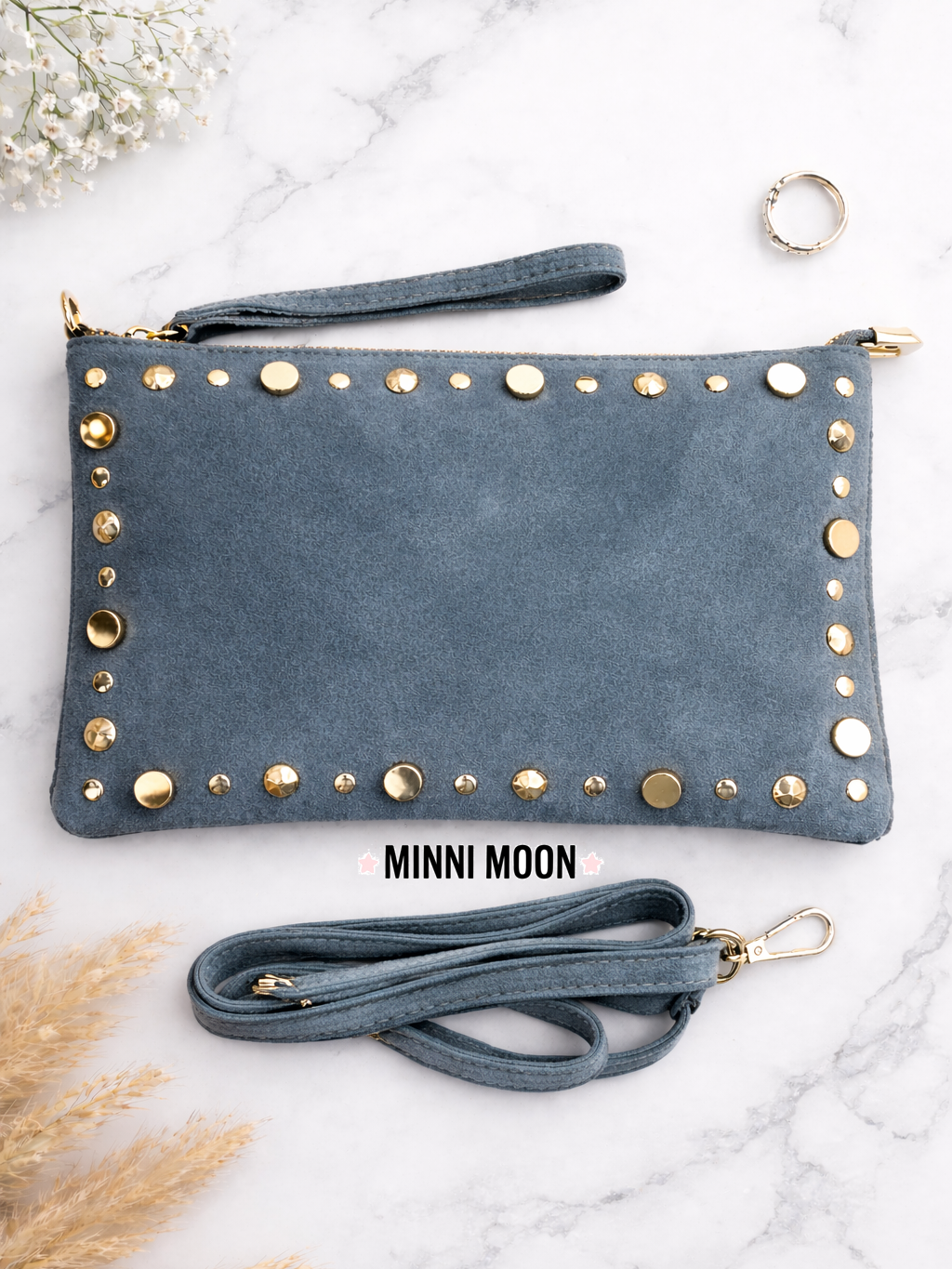 Bolso cartera Bandolera de Piel con Tachuelas Personalizado con Correa Ajustable