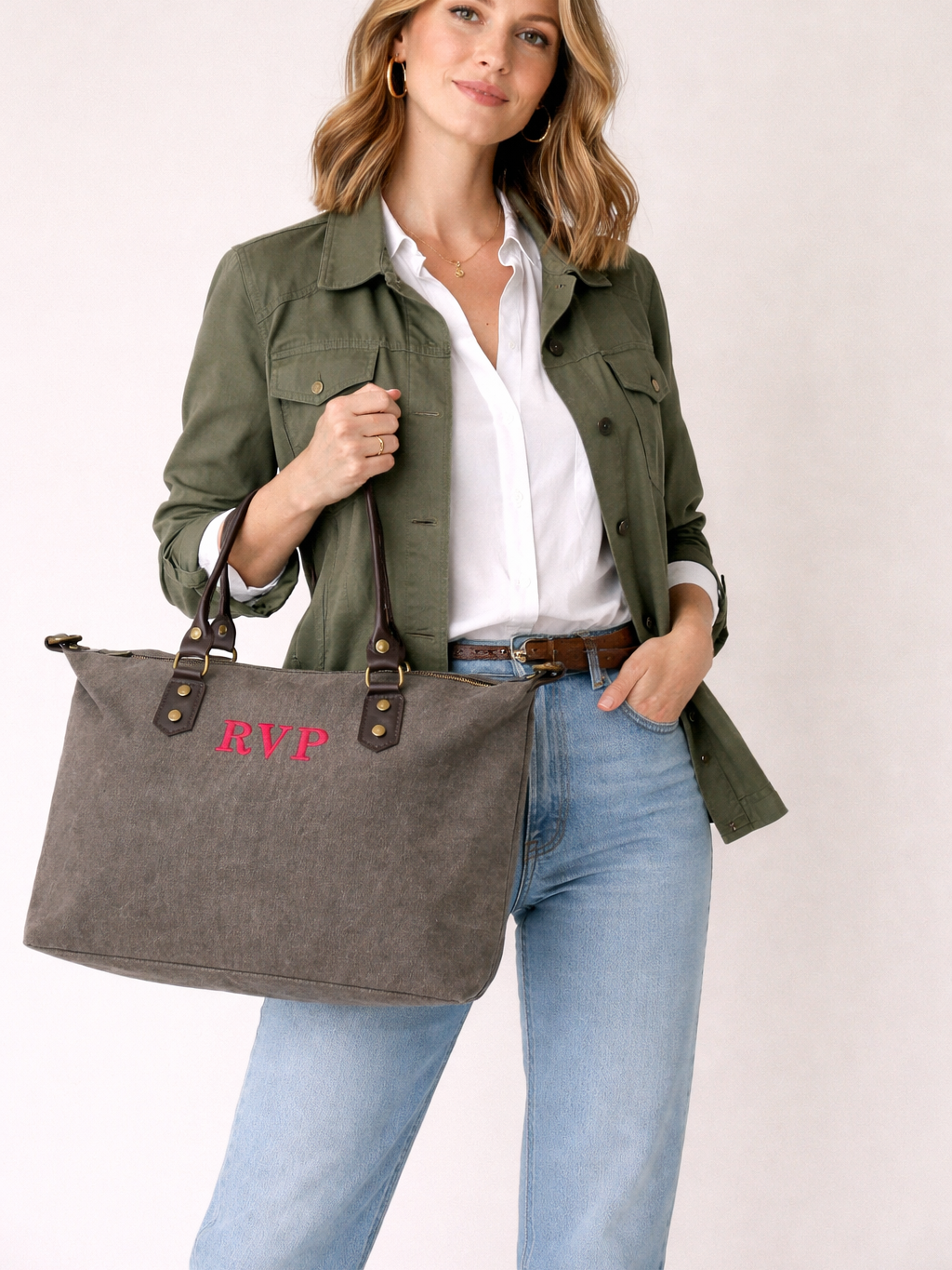 Bolso Personalizado con Iniciales – 49×30×14 cm | Loneta con Asas de Piel