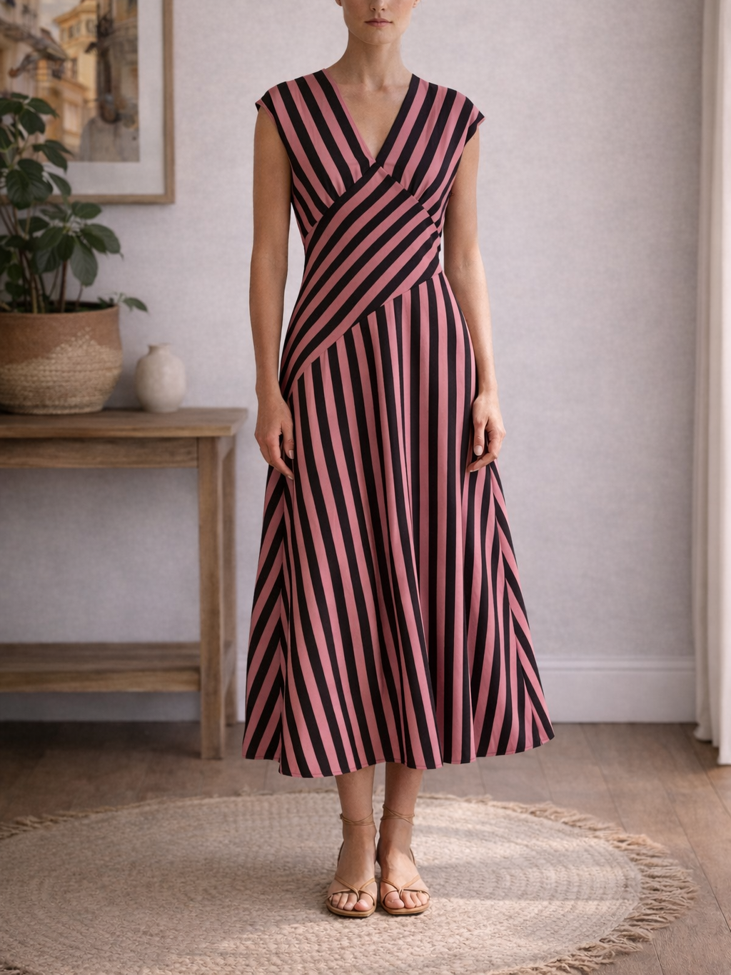 Vestido de Rayas Bicolor Largo con Corte Asimétrico – Sin Mangas