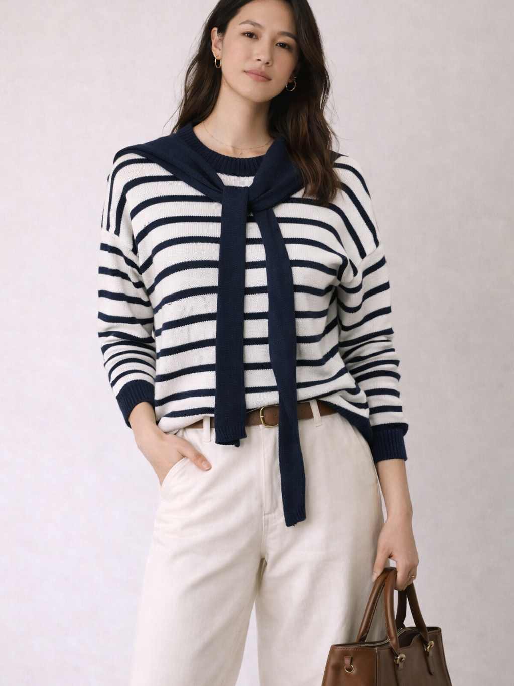 Jersey Fino de Rayas con Sobrejersey Extraíble Anudado | Efecto Dos Piezas Elegante