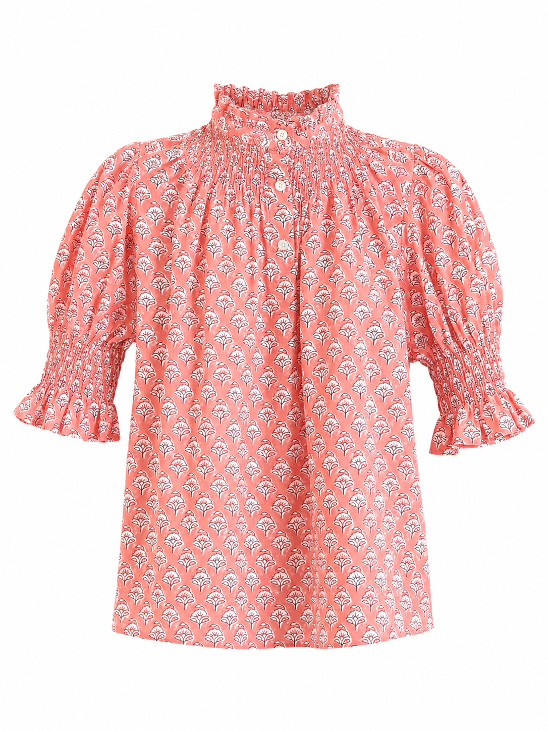Blusa de Algodón Estampada Mujer | Cuello Nido de Abeja y Manga Abullonada