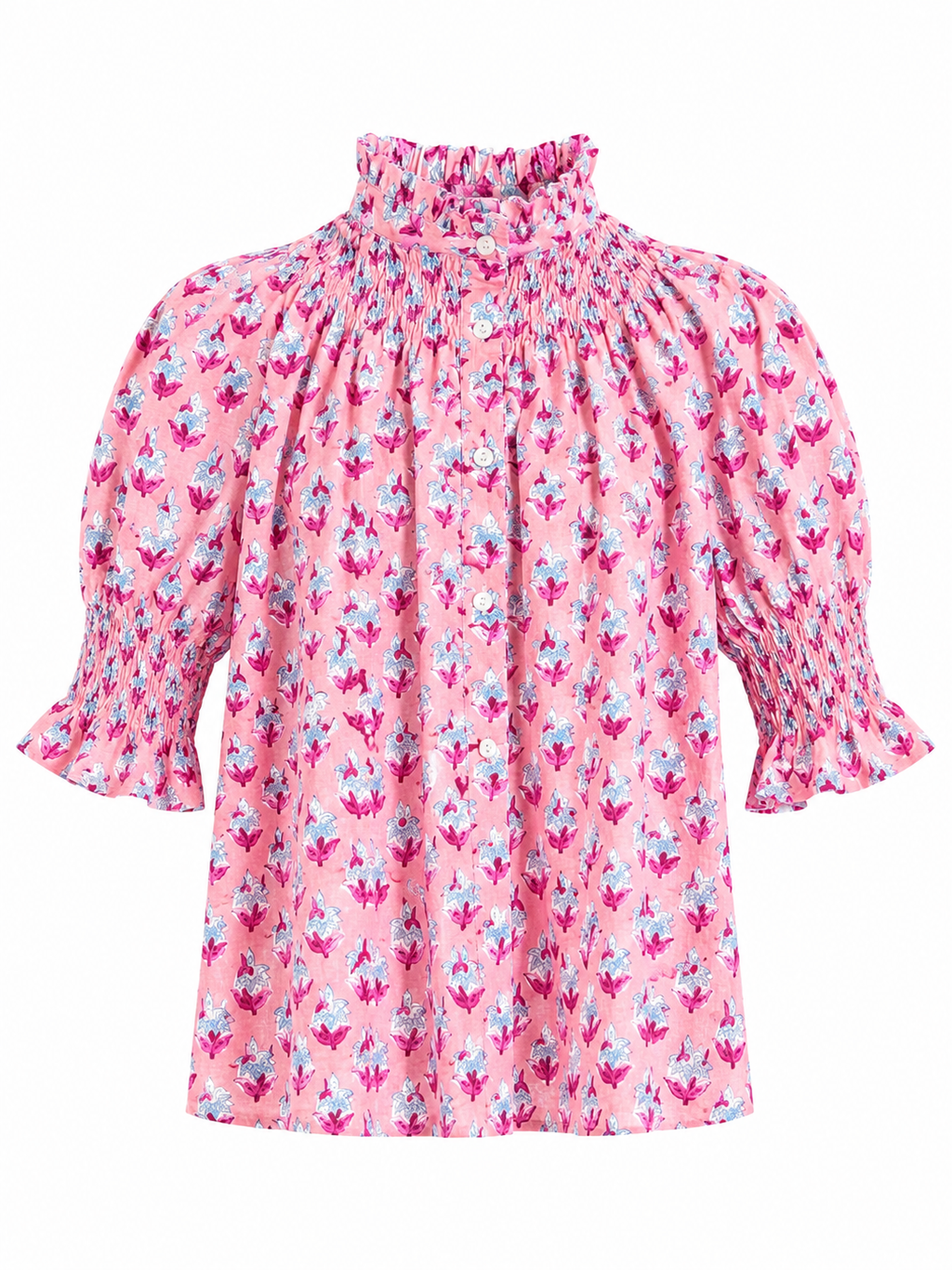 Blusa de Algodón Estampada Mujer | Cuello Nido de Abeja y Manga Abullonada