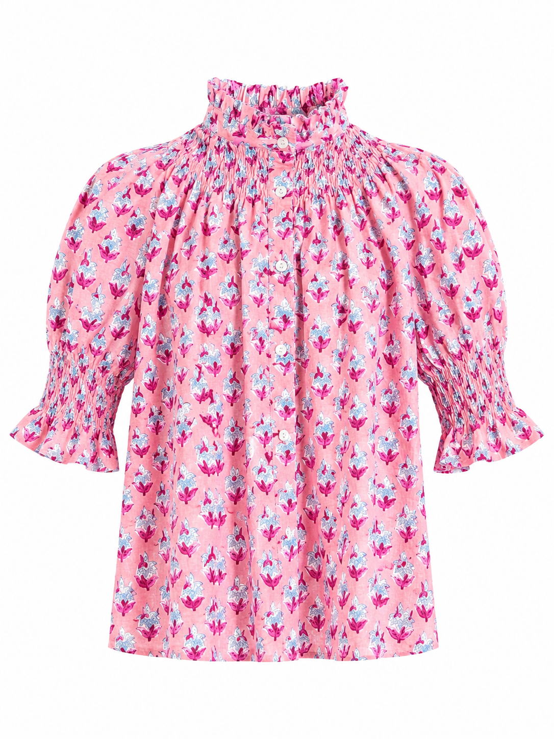 Blusa de Algodón Estampada Mujer | Cuello Nido de Abeja y Manga Abullonada