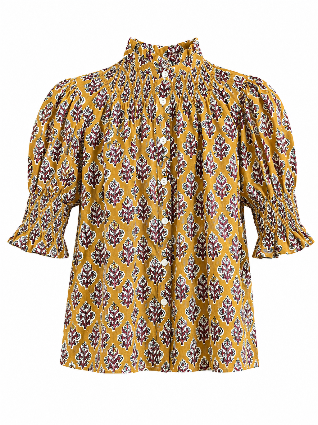 Blusa de Algodón Estampada Mujer | Cuello Nido de Abeja y Manga Abullonada