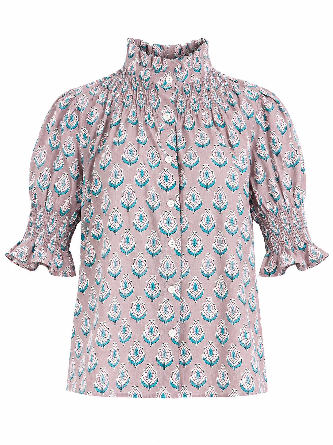 Blusa de Algodón Estampada Mujer | Cuello Nido de Abeja y Manga Abullonada