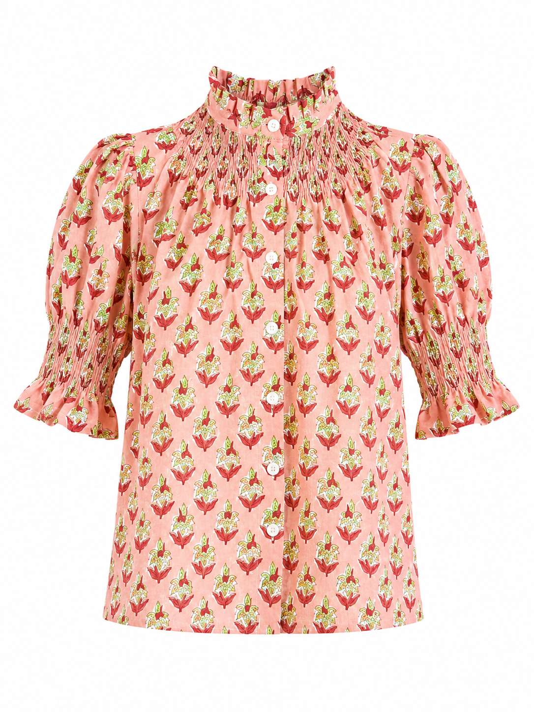 Blusa de Algodón Estampada Mujer | Cuello Nido de Abeja y Manga Abullonada