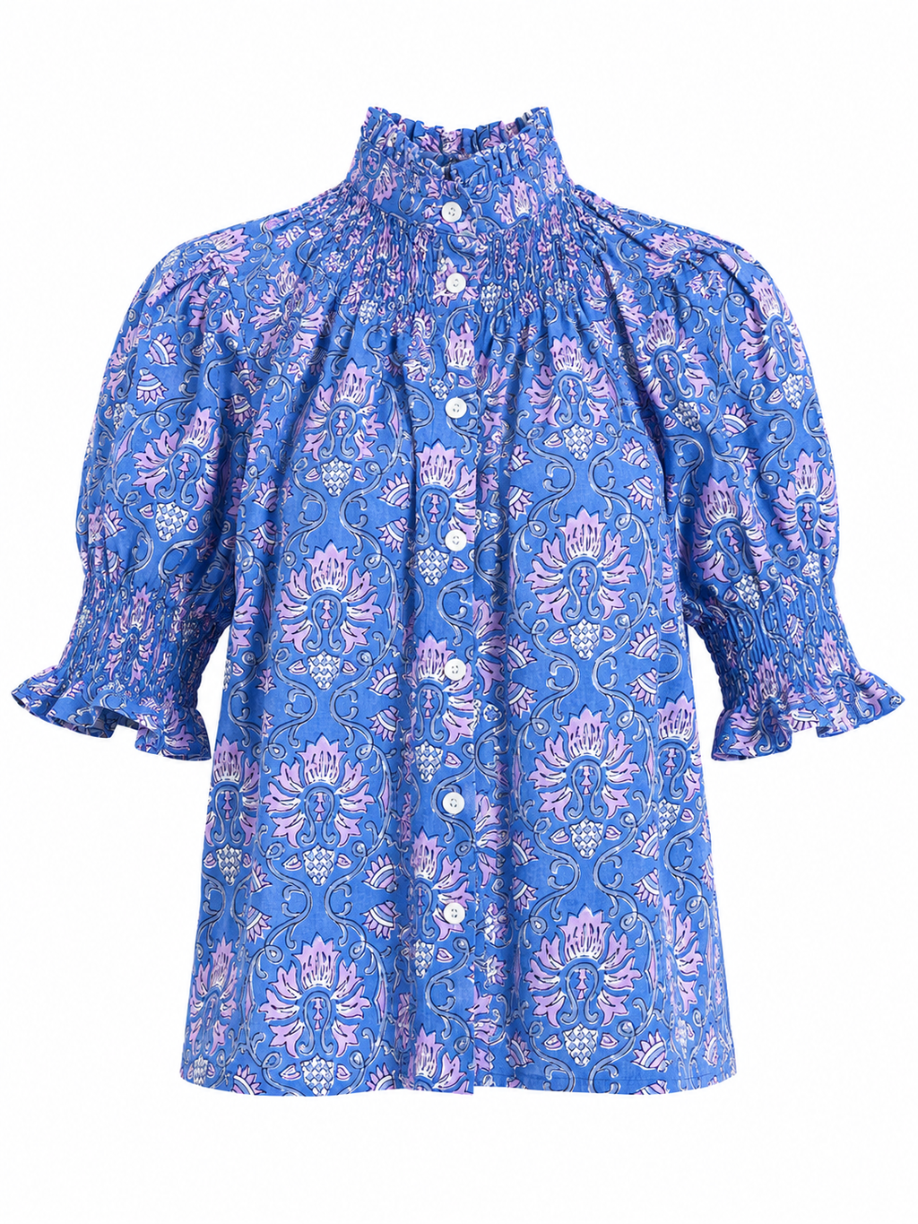 Blusa de Algodón Estampada Mujer | Cuello Nido de Abeja y Manga Abullonada