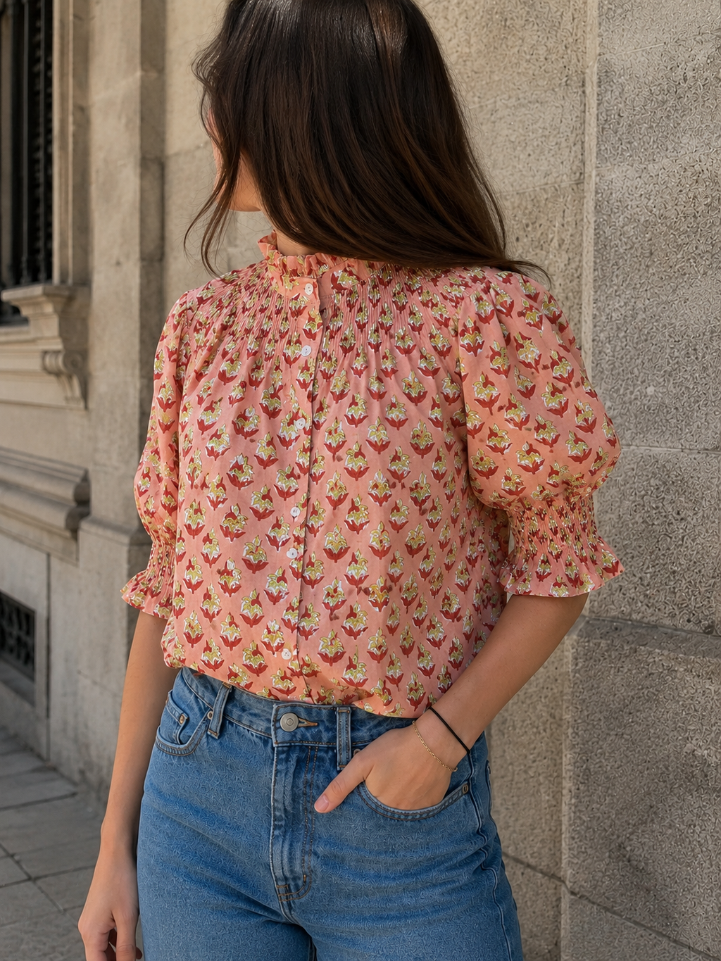 Blusa de Algodón Estampada Mujer | Cuello Nido de Abeja y Manga Abullonada