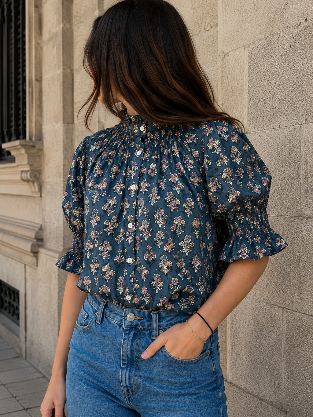 Blusa de Algodón Estampada Mujer | Cuello Nido de Abeja y Manga Abullonada