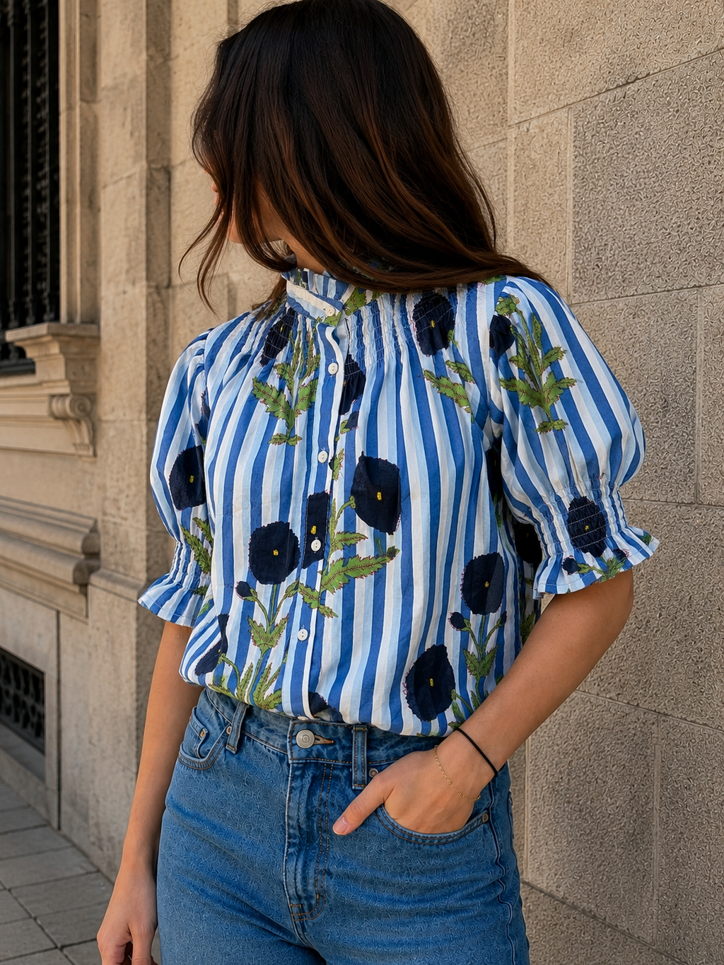 Blusa de Algodón Estampada Mujer | Cuello Nido de Abeja y Manga Abullonada