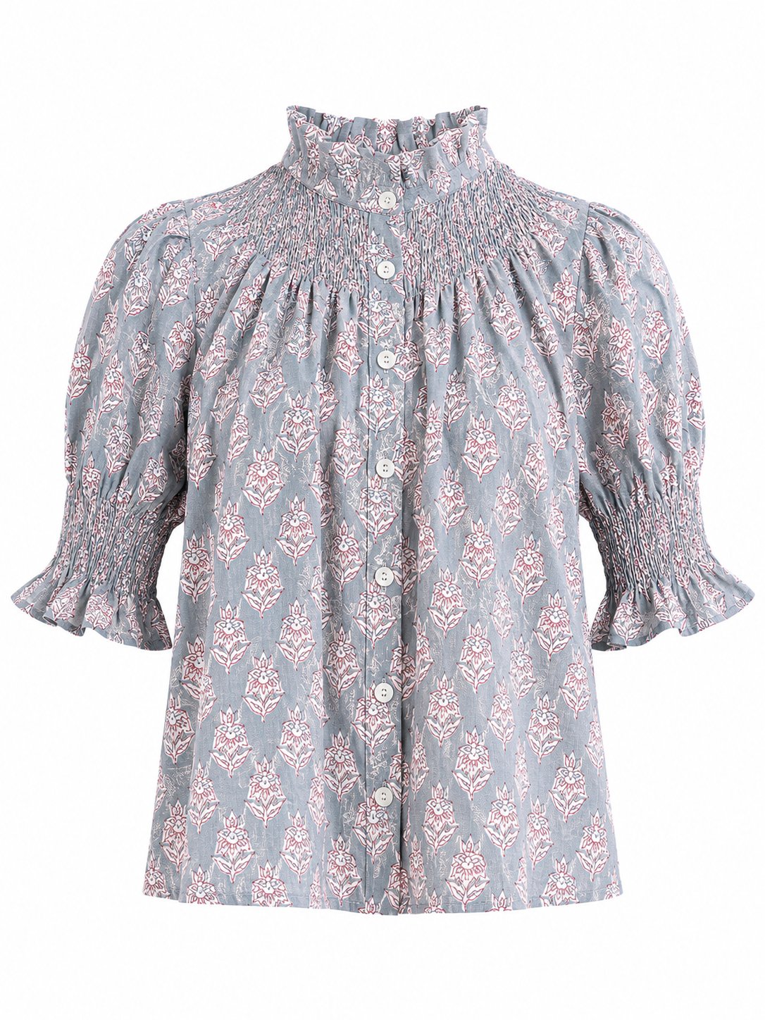 Blusa de Algodón Estampada Mujer | Cuello Nido de Abeja y Manga Abullonada