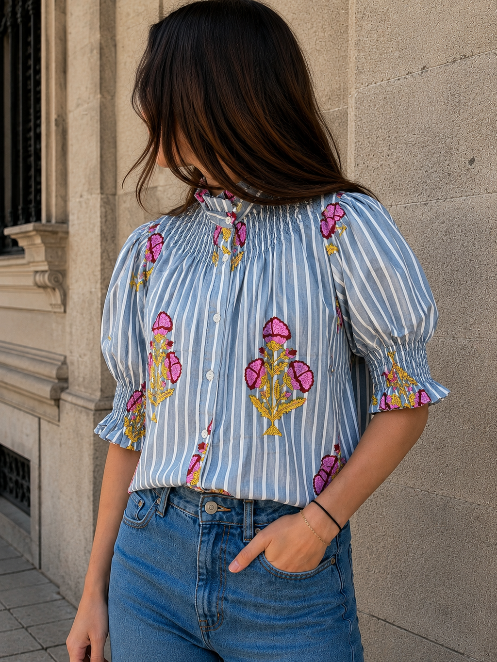 Blusa de Algodón Estampada Mujer | Cuello Nido de Abeja y Manga Abullonada