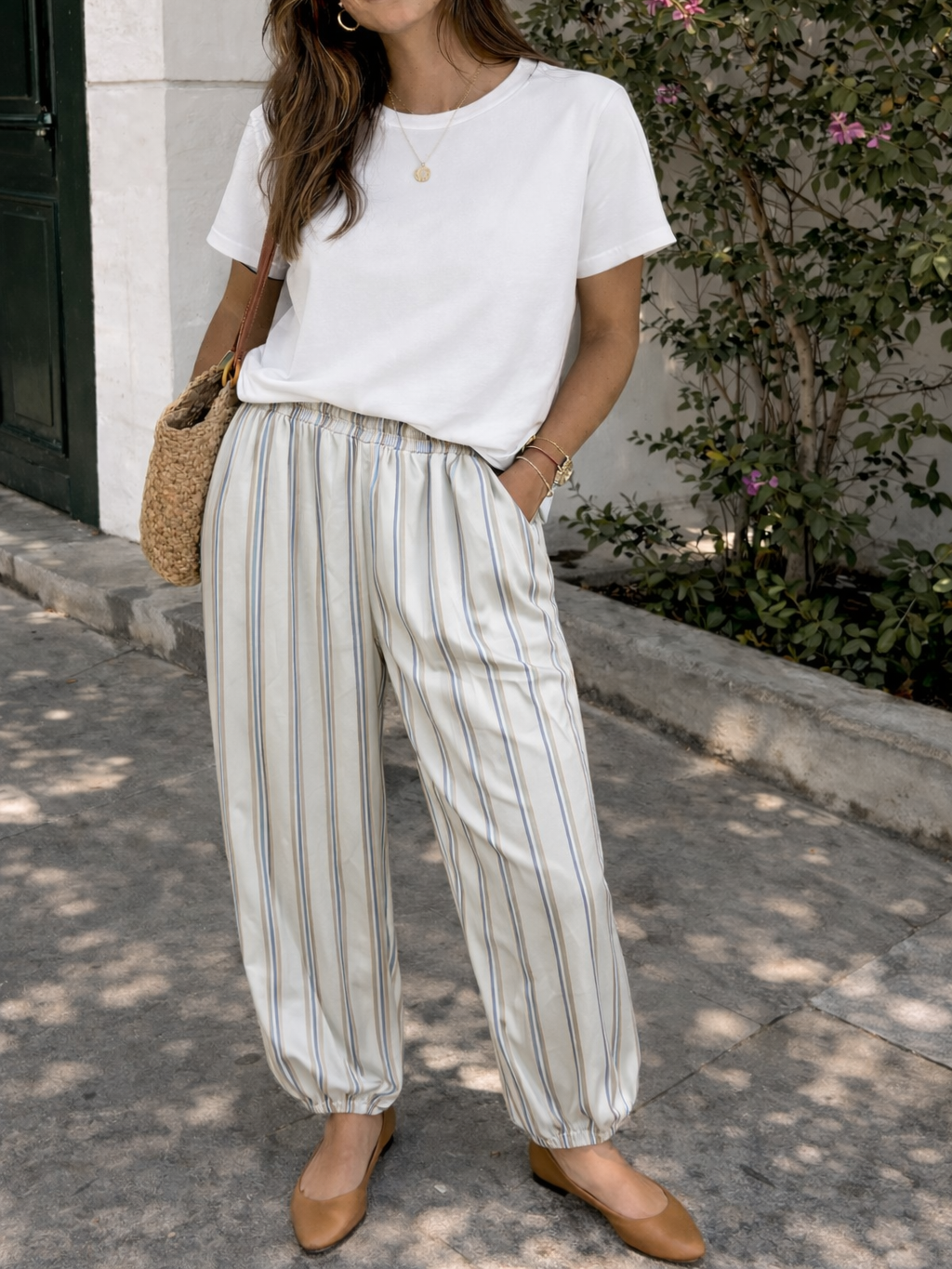 Pantalón Bombacho satinado de Rayas Verticales mujer con Bolsillos | Fabricado en Italia