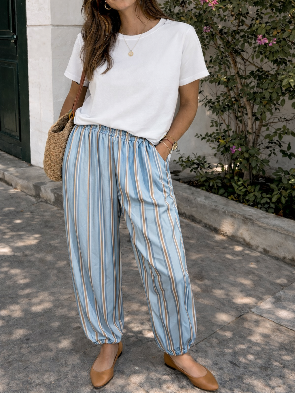 Pantalón Bombacho satinado de Rayas Verticales mujer con Bolsillos | Fabricado en Italia