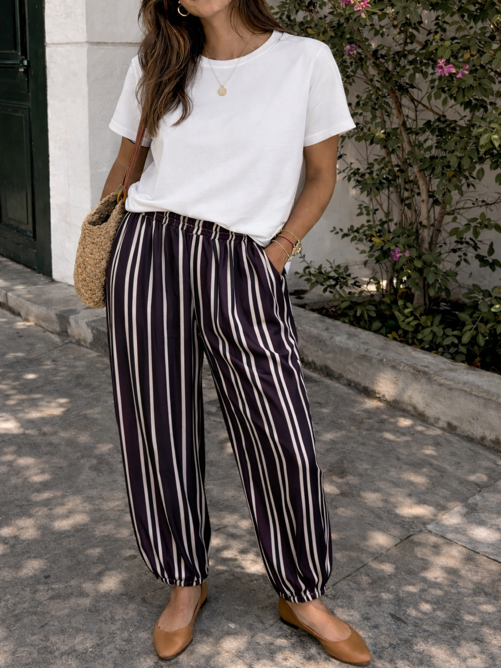 Pantalón Bombacho satinado de Rayas Verticales mujer con Bolsillos | Fabricado en Italia