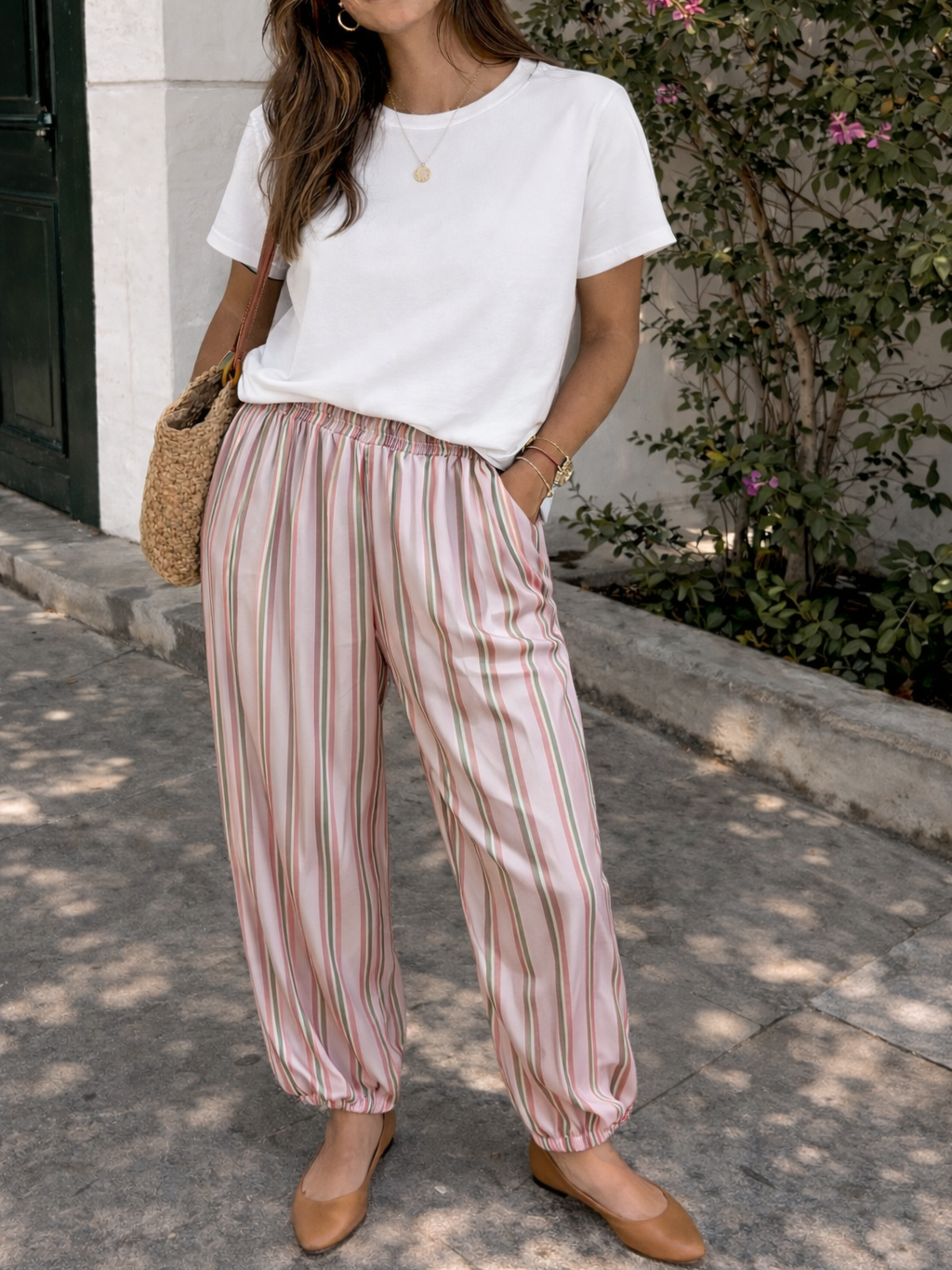 Pantalón Bombacho satinado de Rayas Verticales mujer con Bolsillos | Fabricado en Italia