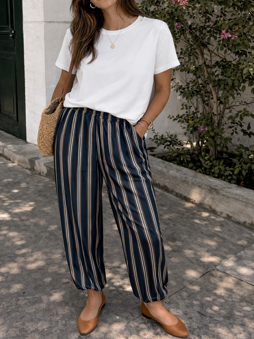 Pantalón Bombacho satinado de Rayas Verticales mujer con Bolsillos | Fabricado en Italia