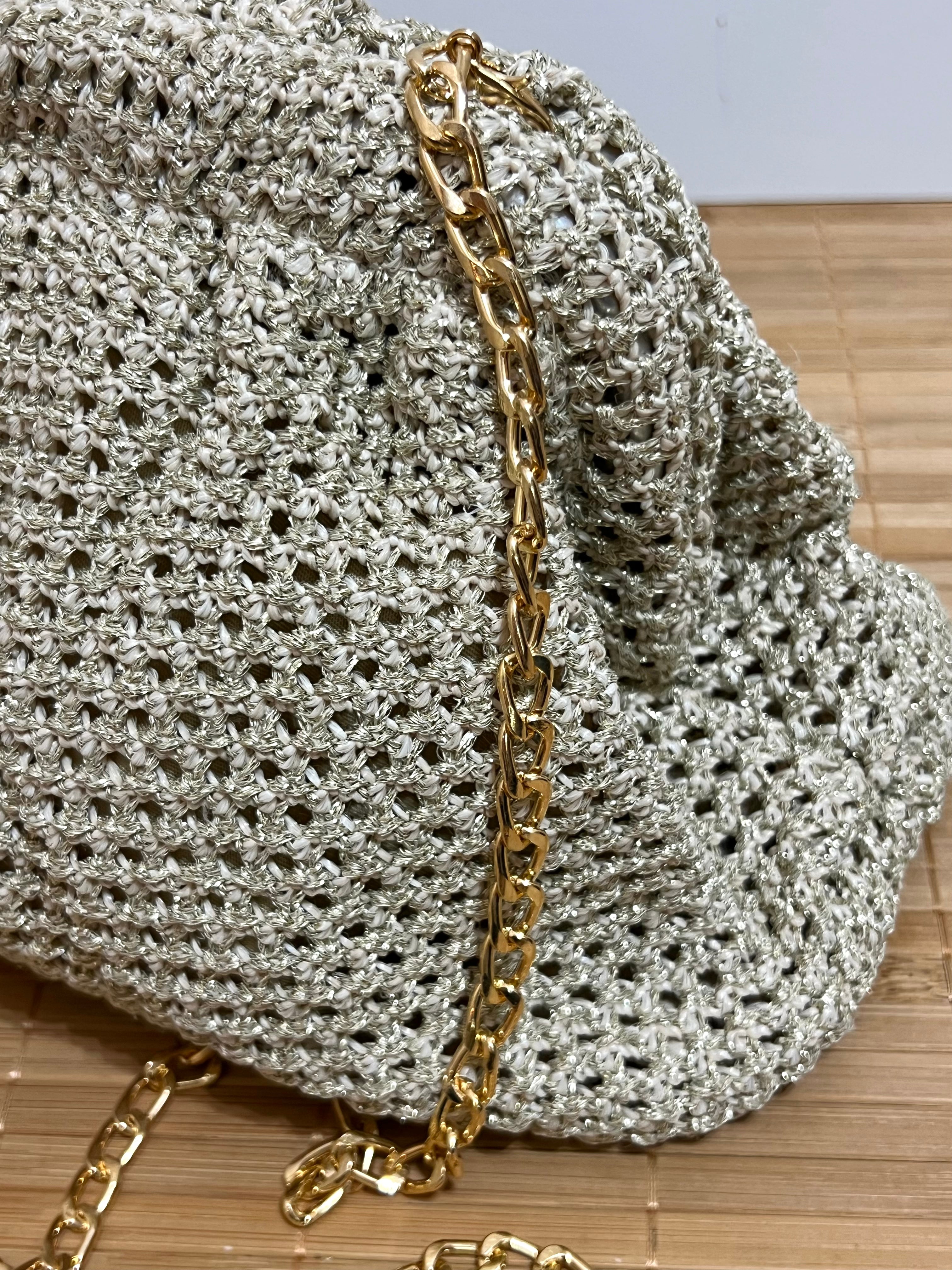 Bolso Crochet con Cadena Dorada | Bolso de Mano con Correa Desmontable 20x12x15 cm
