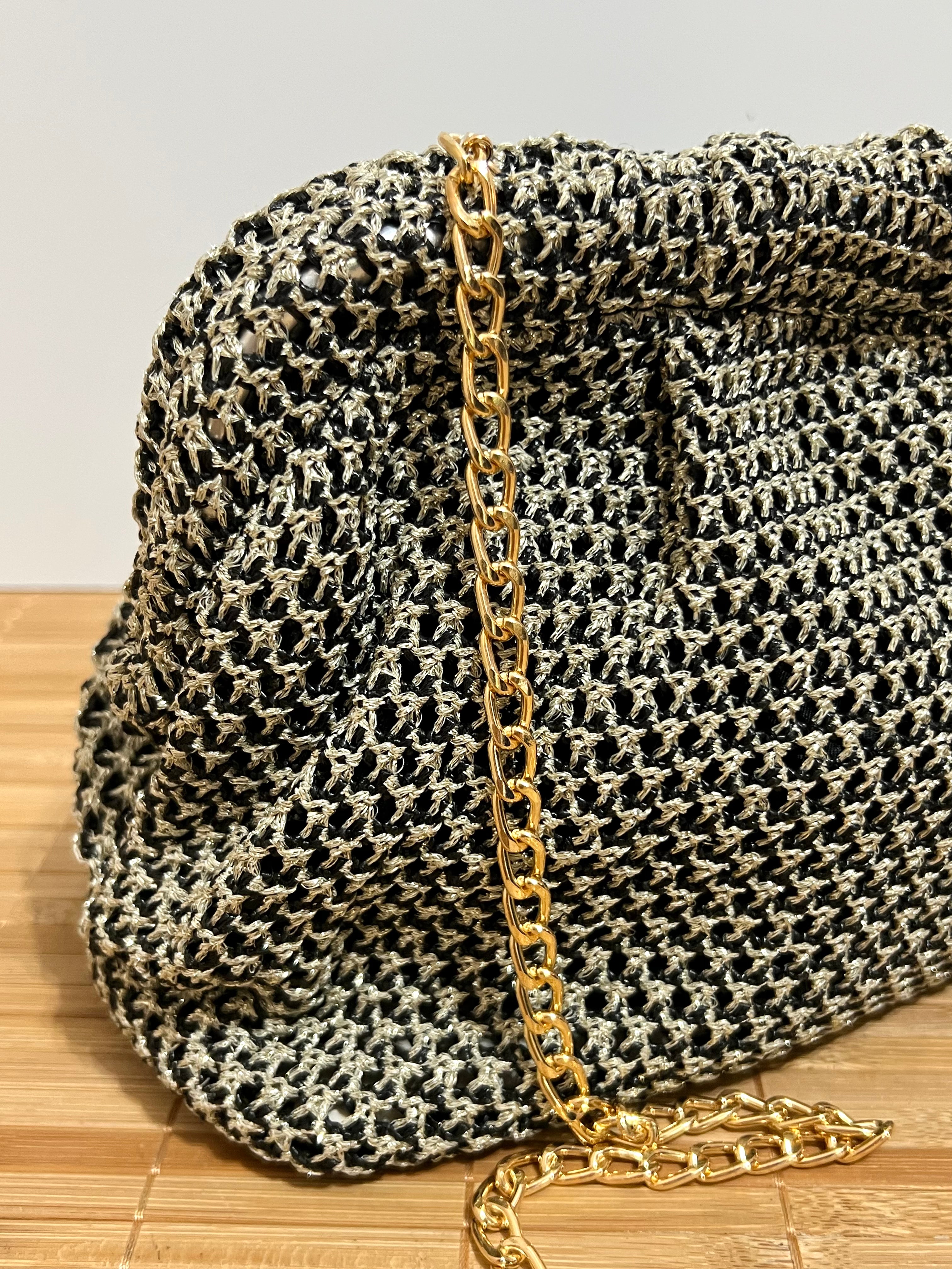 Bolso Crochet con Cadena Dorada | Bolso de Mano con Correa Desmontable 20x12x15 cm