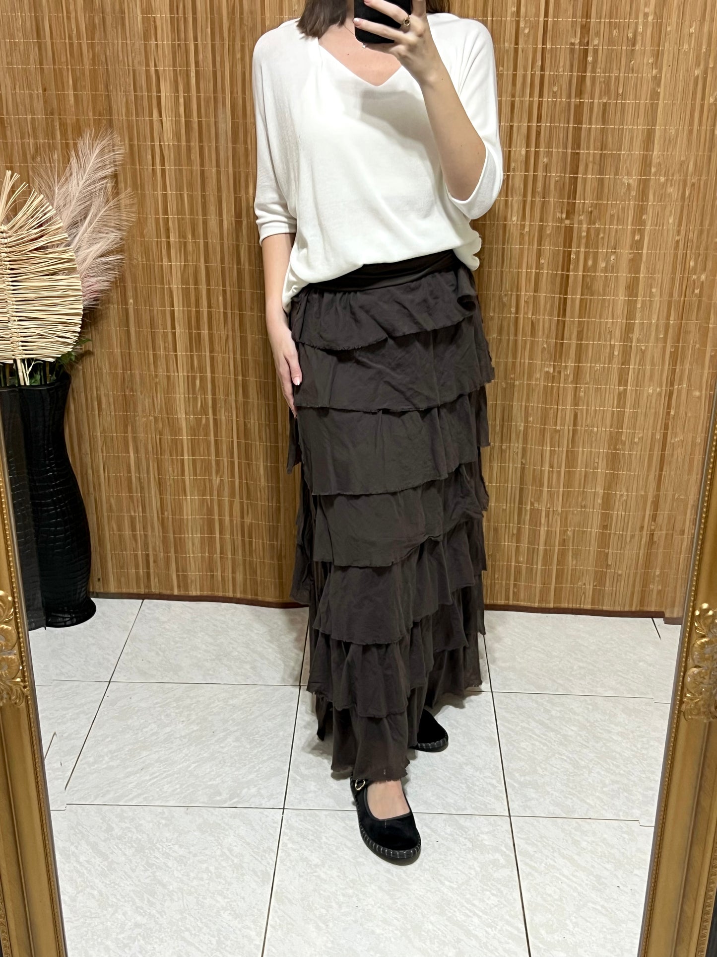 Falda volantes de gasa larga de otoño en colores marrón, negro, verde, vino, beige y blanco