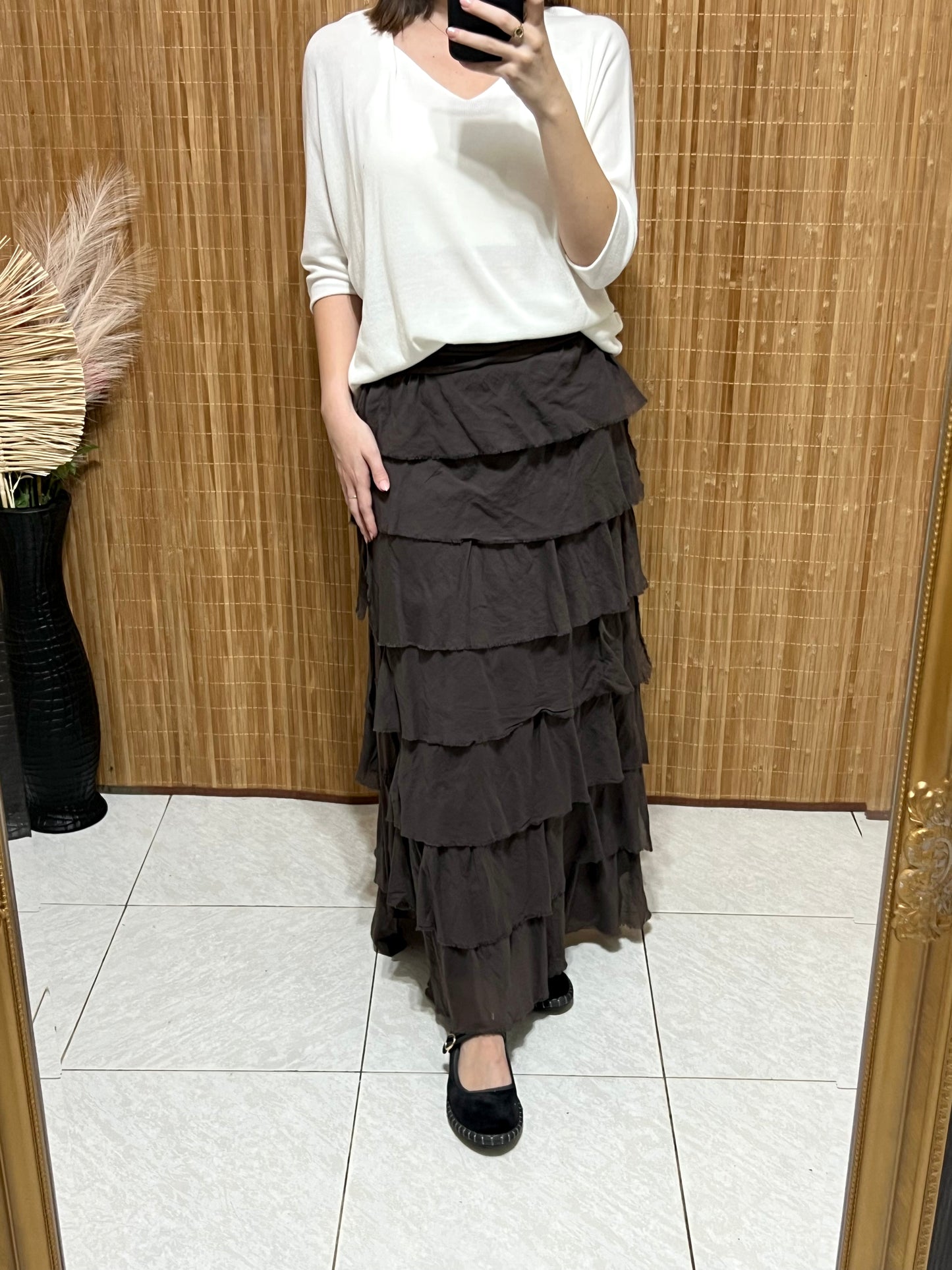 Falda volantes de gasa larga de otoño en colores marrón, negro, verde, vino, beige y blanco