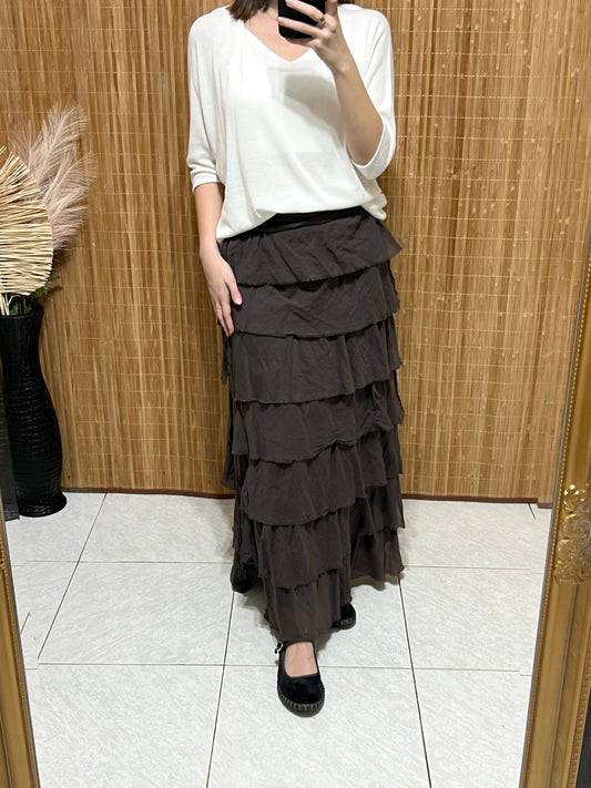 Falda volantes de gasa larga de otoño en colores marrón, negro, verde, vino, beige y blanco