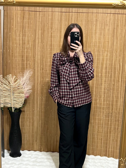 Blusa de cuadros clásica Maxi Lazo – Colores burdeos, azul marino, marrón y negro