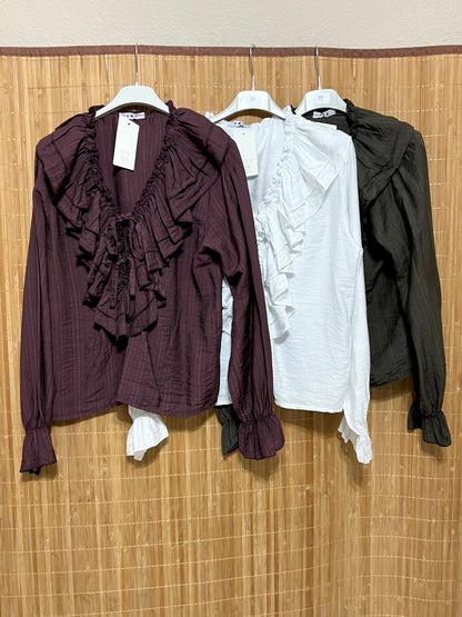 Blusa lisa con volantes y lazo | Puño elástico | Colores burdeos, blanco y negro