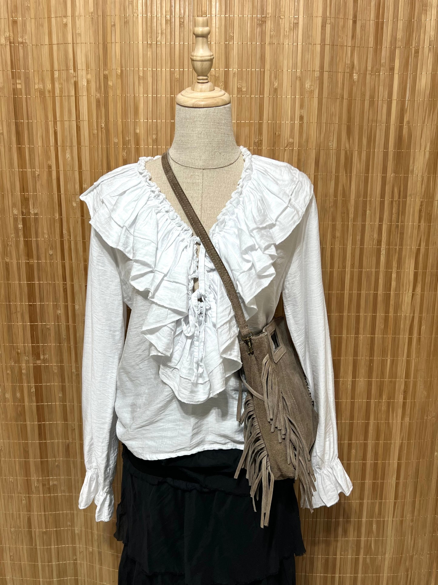 Blusa lisa con volantes y lazo | Puño elástico | Colores burdeos, blanco y negro