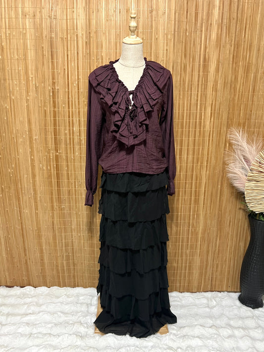 Blusa lisa con volantes y lazo | Puño elástico | Colores burdeos, blanco y negro