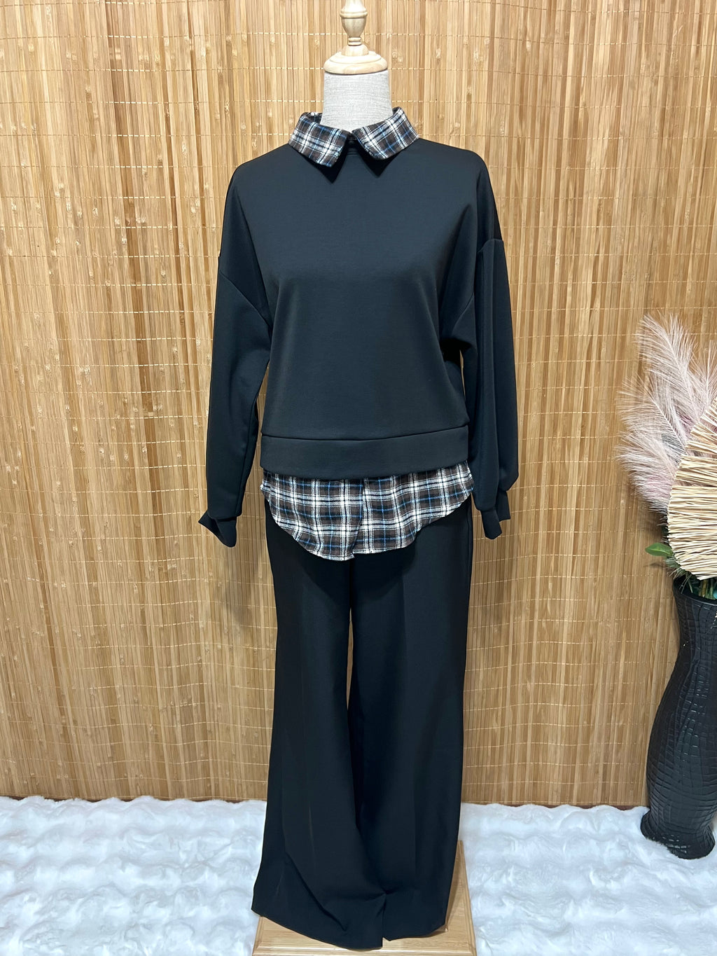 Sweatshirt com camisa falsa de xadrez tartan – Sweatshirt quente e elegante