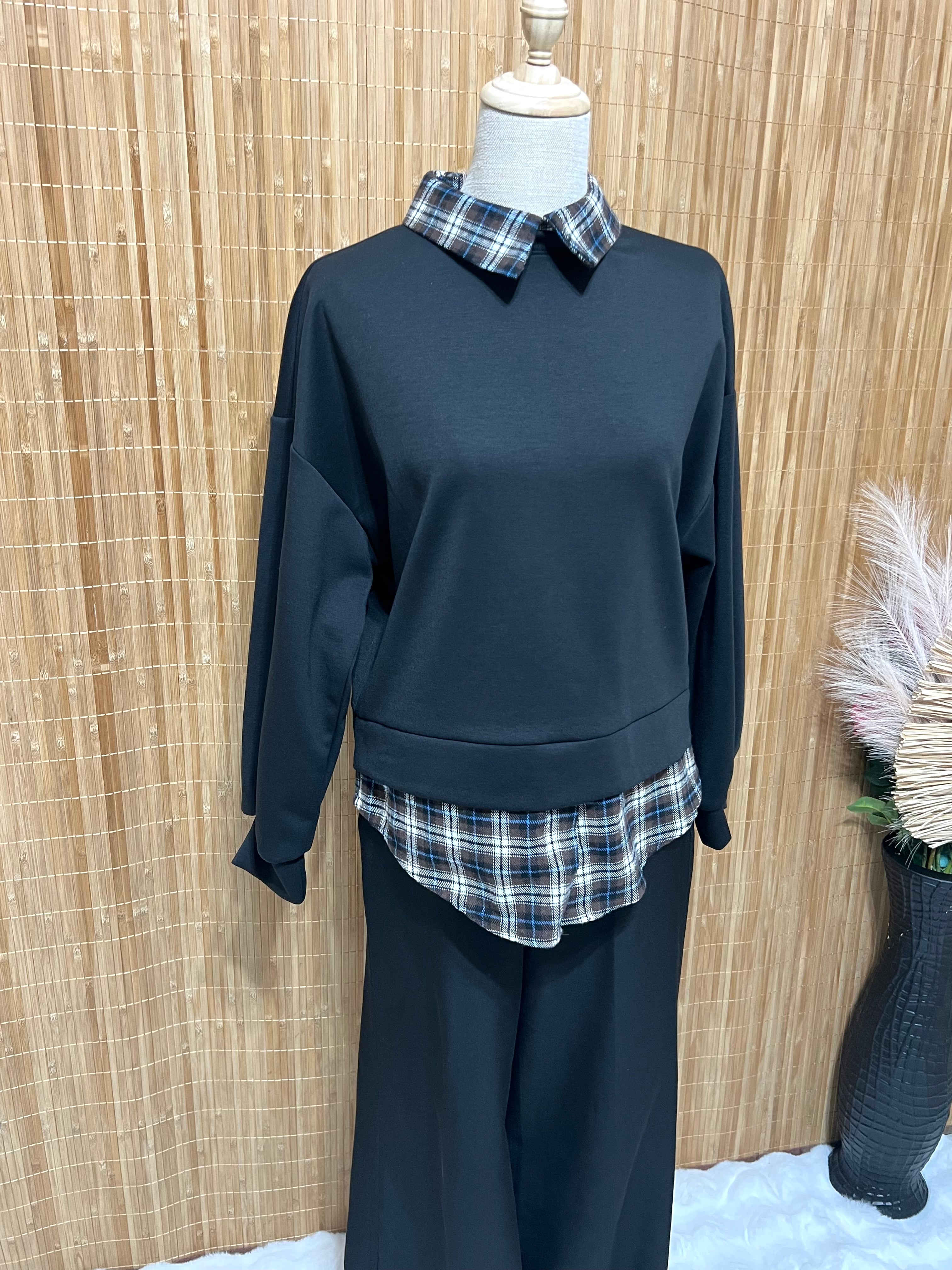 Sudadera con camisa falsa de cuadros tartán – Sudadera Cálida y Elegante