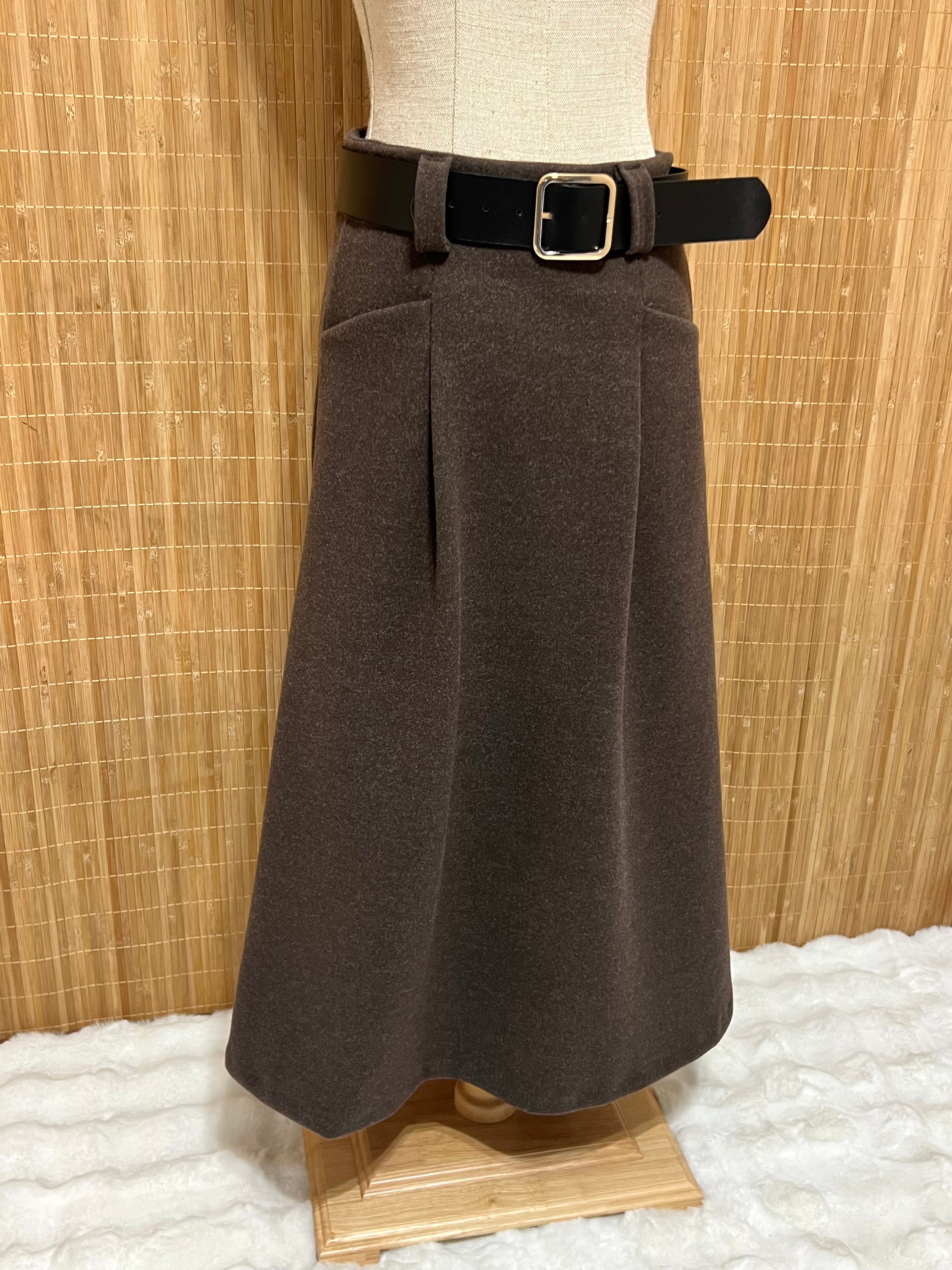 Falda de Paño Lisa con Cinturón para Mujer - Temporada de Invierno