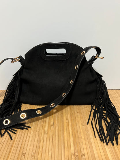 Bolso con Ojales/Tachuelas metálicas en Dorado y flecos - Efecto piel, 27x25x7cm