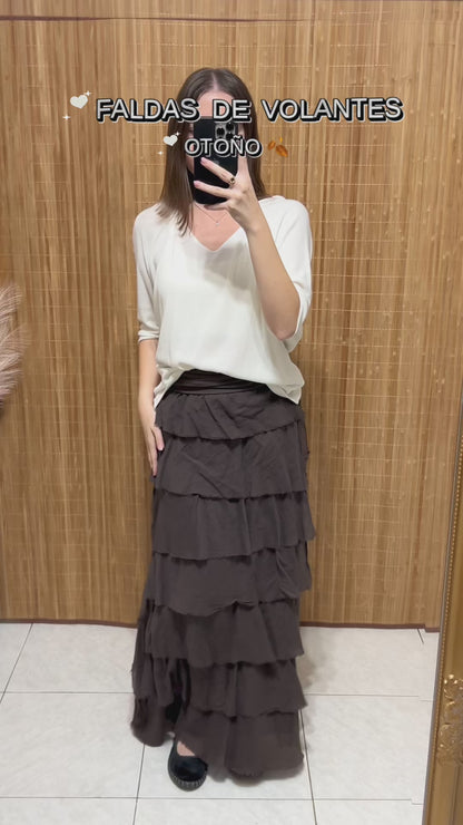 Falda volantes de gasa larga de otoño en colores marrón, negro, verde, vino, beige y blanco